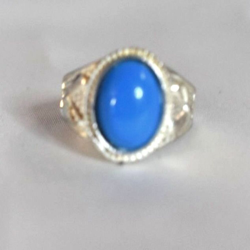 NWOT Electric Blue Energy Smooth Oval Stone Inlay Etched Silver Tone Size10 Ring
